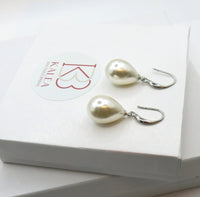 Large Teardrop Pearl Earrings, Bridal Silver Pearl Drop Earrings, Minimalist Dangle Pearl Earrings - KaleaBoutique.com