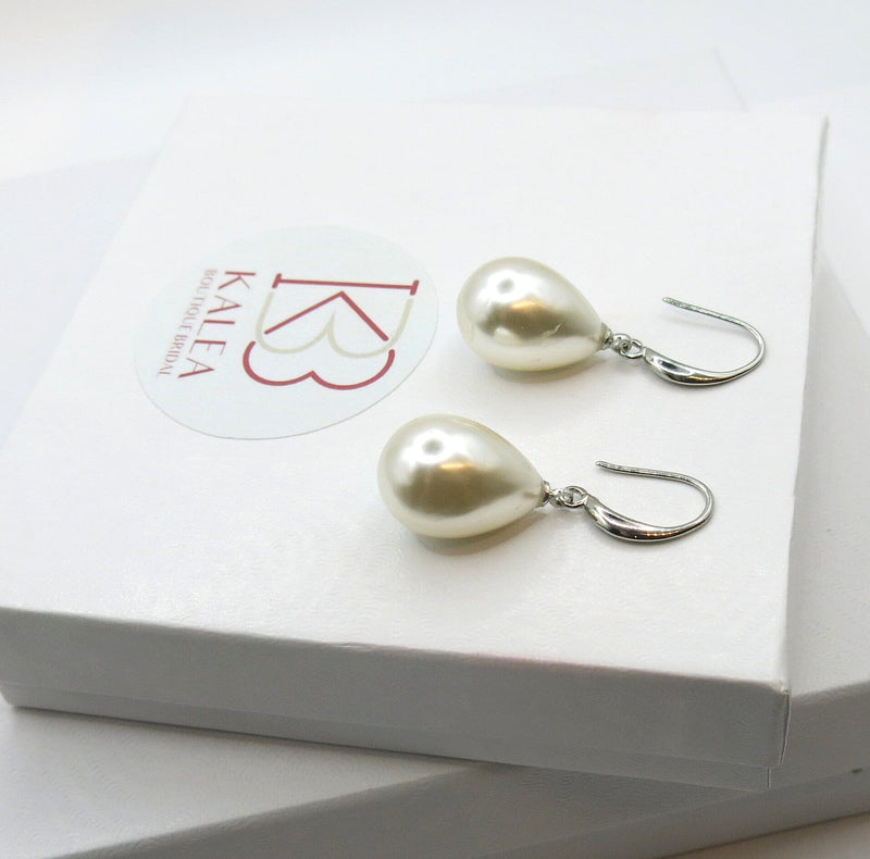 Large Teardrop Pearl Earrings, Bridal Silver Pearl Drop Earrings, Minimalist Dangle Pearl Earrings - KaleaBoutique.com