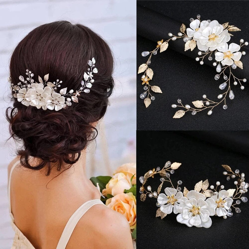 Large White Flower Bridal Hair Vine, Wedding Floral Head Wreath Hairpiece, Pearl Hair Wire Headpiece for Bride - KaleaBoutique.com