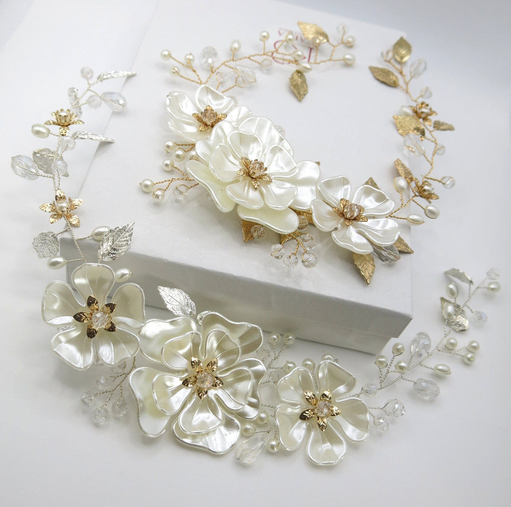 Large White Flower Bridal Hair Vine, Wedding Floral Head Wreath Hairpiece, Pearl Hair Wire Headpiece for Bride - KaleaBoutique.com
