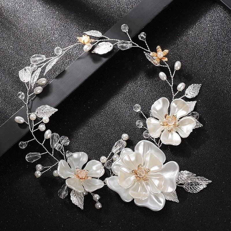 Large White Flower Bridal Hair Vine, Wedding Floral Head Wreath Hairpiece, Pearl Wire Crystal Bead Bride Headpiece, Floral Gem Hair Wire - KaleaBoutique.com