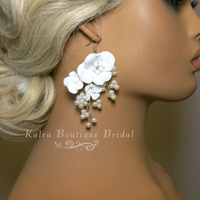 Large White Flower Dangle Earrings, Bridal Floral Earrings, Wedding Big Flower Pearl Statement Earrings - KaleaBoutique.com