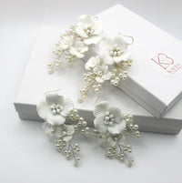 Large White Flower Dangle Earrings, Bridal Floral Earrings, Wedding Big Flower Pearl Statement Earrings - KaleaBoutique.com