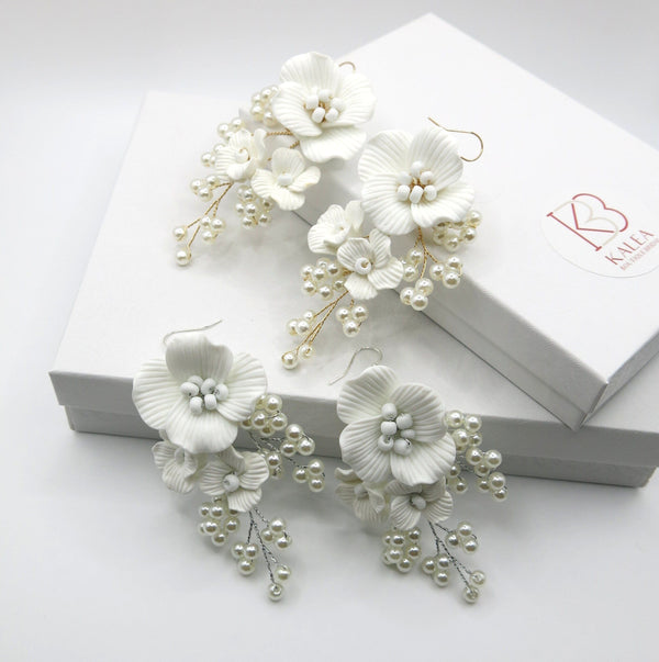 Large White Flower Dangle Earrings, Bridal Floral Earrings, Wedding Big Flower Pearl Statement Earrings - KaleaBoutique.com