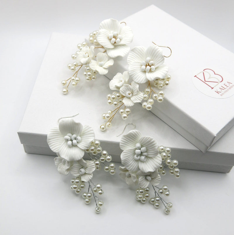 Large White Flower Dangle Earrings, Bridal Porcelain Floral Earrings, Wedding Big Flower Pearl Statement Earrings for Bride, Flower Earrings - KaleaBoutique.com