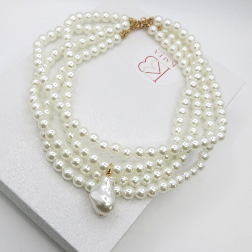 Large White Pearl Multi Strand Necklace, Large Baroque Pearl Pendant Bridal Necklace, Wedding Chunky Layered Choker Necklace for Bride - KaleaBoutique.com