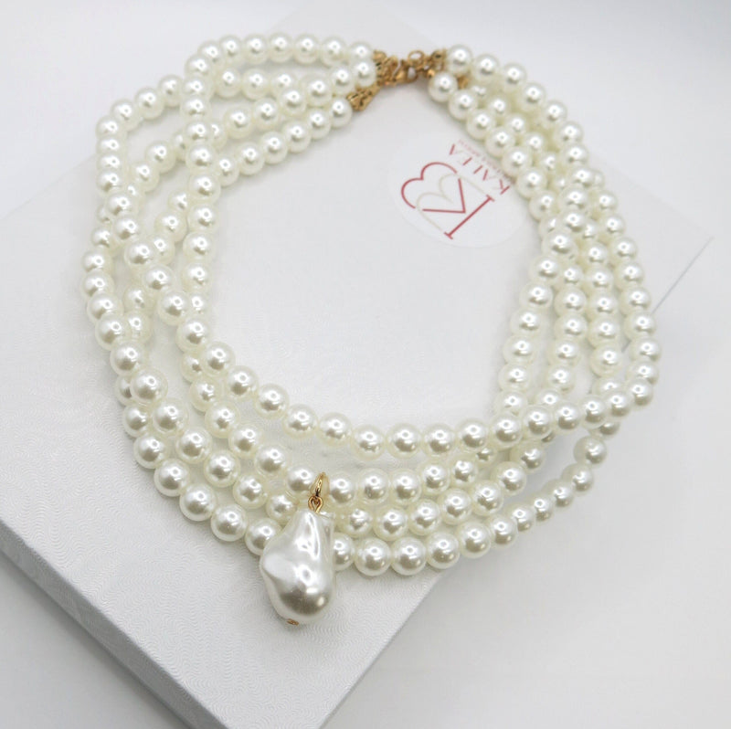 Large White Pearl Multi Strand Necklace, Baroque Pearl Pendant Bridal Necklace, Wedding Chunky Necklace for Bride - KaleaBoutique.com