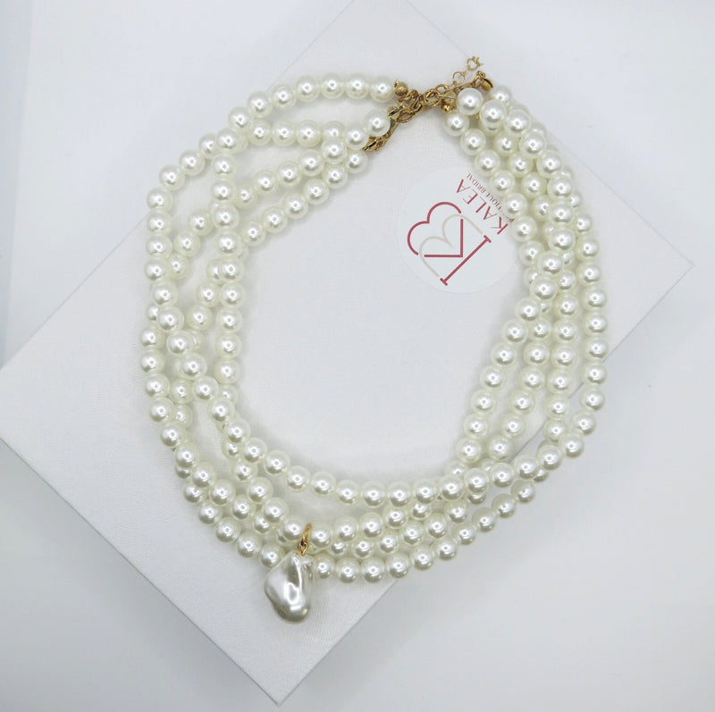 Large White Pearl Multi Strand Necklace, Large Baroque Pearl Pendant Bridal Necklace, Wedding Chunky Layered Choker Necklace for Bride - KaleaBoutique.com