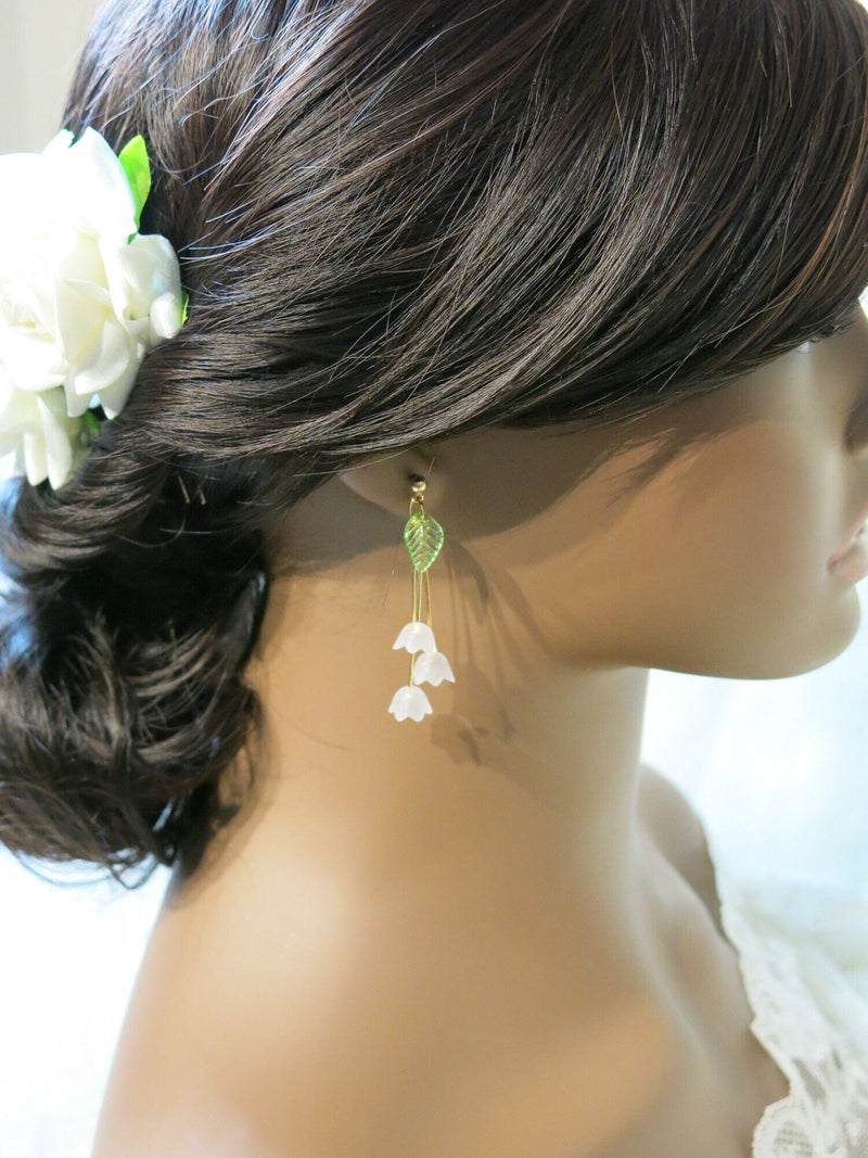 Lilly of the Valley Floral Earrings, White Flower Studs, Wedding Bridal Bridesmaid Gold Flower Tassel Studs, Romantic Style Bridal Earrings - KaleaBoutique.com