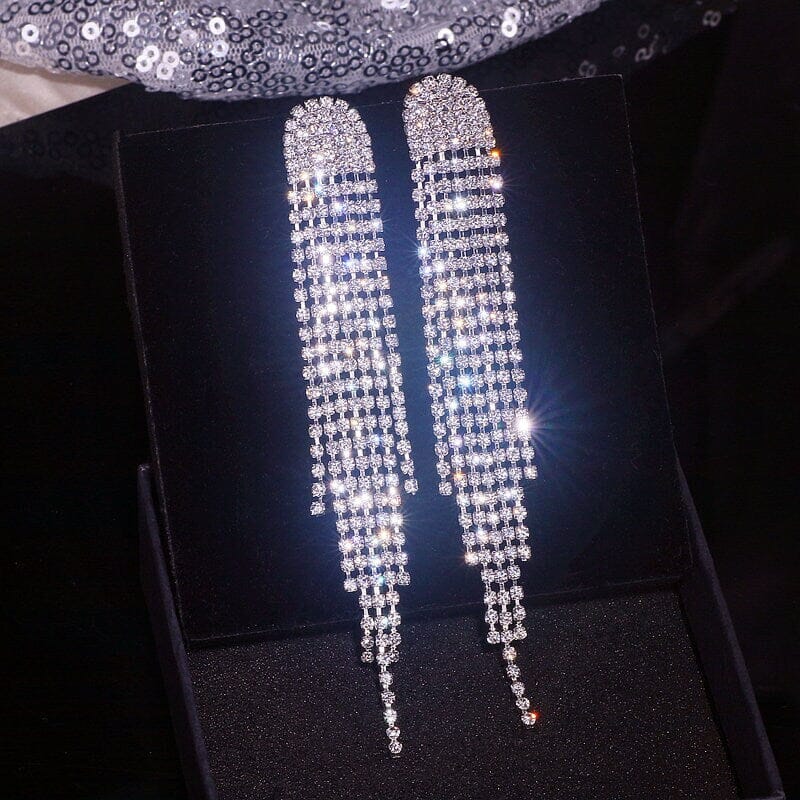 Long Multi Strand Rhinestone Earrings, Wedding Prom Dangle Stud Earrings, Dangle Crystal Chandelier Earrings - KaleaBoutique.com