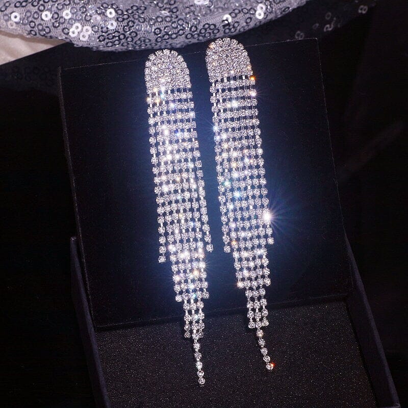 Long Multi Strand Crystal Rhinestone Earrings, Silver Wedding Bridal Bridesmaid Prom Studs, Dangle Diamond CZ Tassel Chandelier Earrings - KaleaBoutique.com