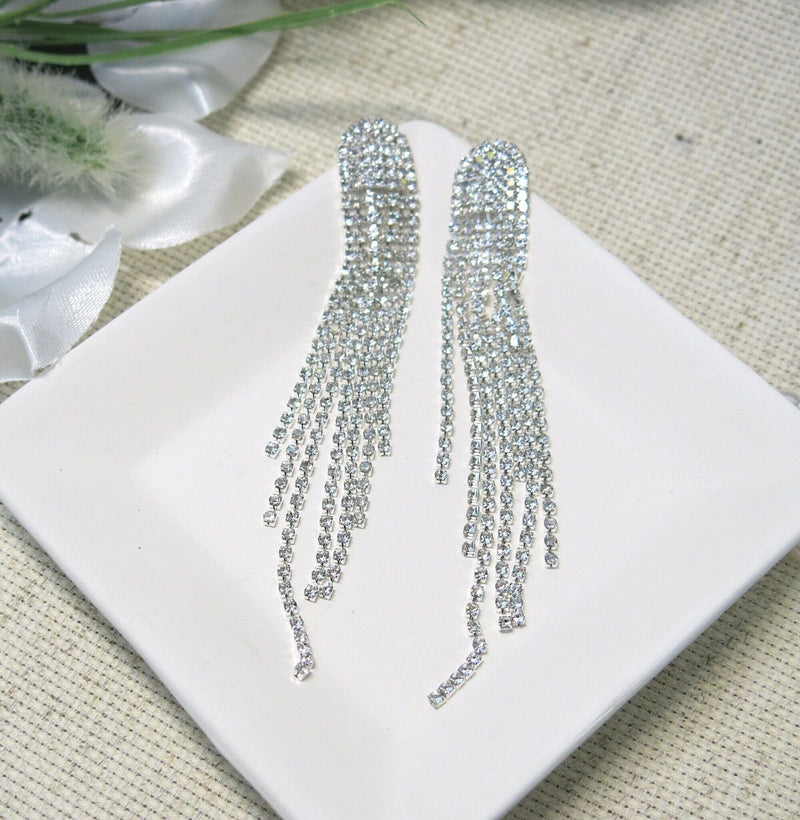 Long Multi Strand Crystal Rhinestone Earrings, Silver Wedding Bridal Bridesmaid Prom Studs, Dangle Diamond CZ Tassel Chandelier Earrings - KaleaBoutique.com