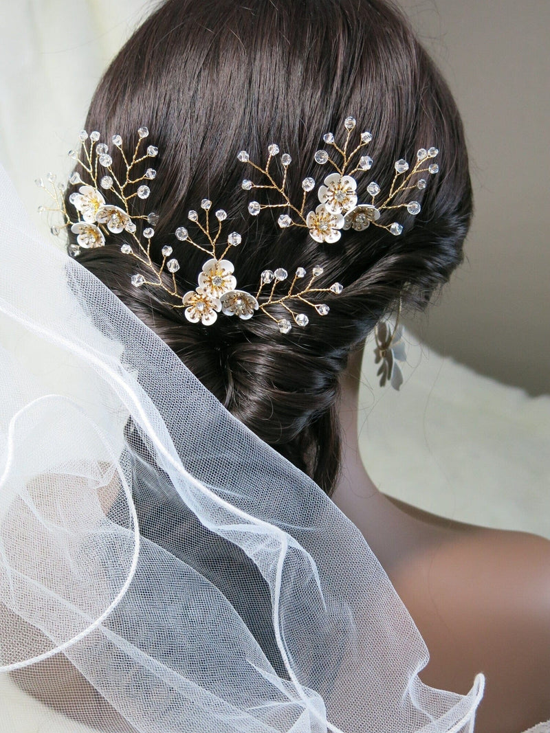 Metal White Flower Beaded 3 PC Hairpin Set, Floral Bridal Hair Pins, Flower Wire Wedding Hairpiece Set - KaleaBoutique.com