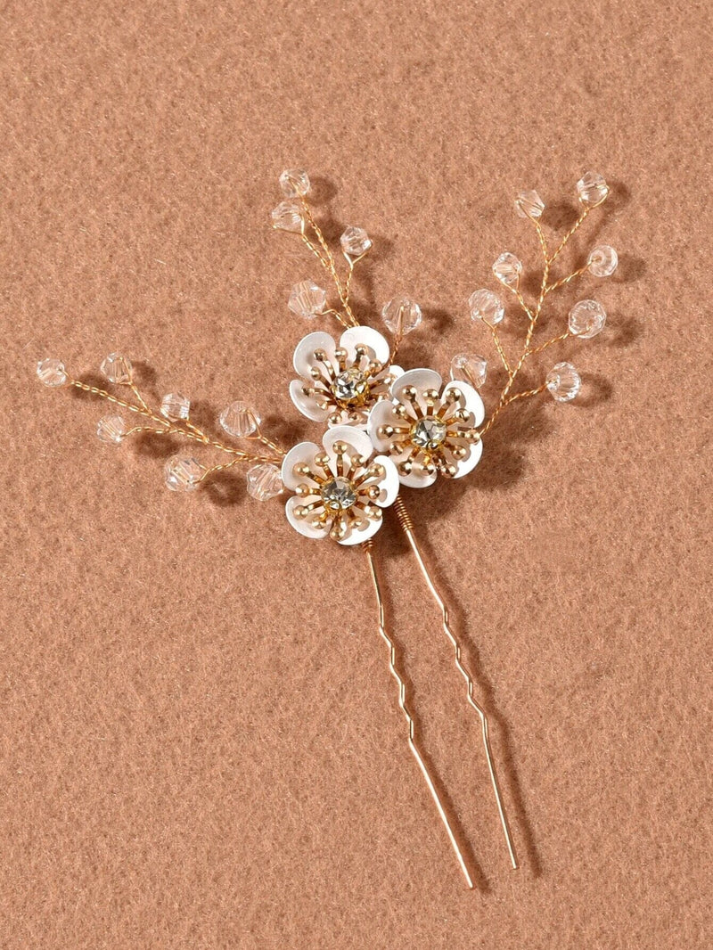 Metal White Flower Beaded 3 PC Hairpin Set, Floral Bridal Hair Pins, Flower Wire Wedding Hairpiece Set - KaleaBoutique.com