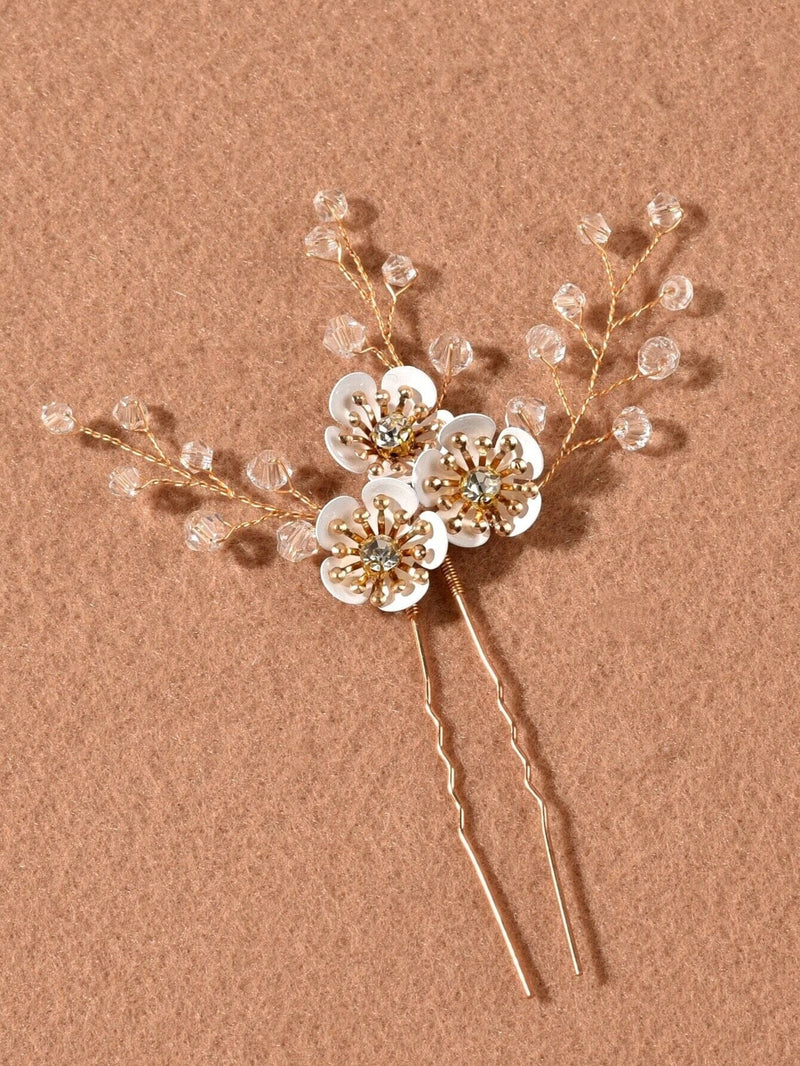 Metal White Flower Crystal Branches 3 PC Hairpin Set, White Floral Bridal Hair Pins, Silver or Gold Wire Flower Wedding Hairpiece Set - KaleaBoutique.com