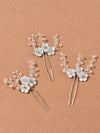 Metal White Flower Beaded 3 PC Hairpin Set, Floral Bridal Hair Pins, Flower Wire Wedding Hairpiece Set - KaleaBoutique.com