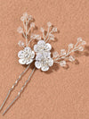 Metal White Flower Beaded 3 PC Hairpin Set, Floral Bridal Hair Pins, Flower Wire Wedding Hairpiece Set - KaleaBoutique.com