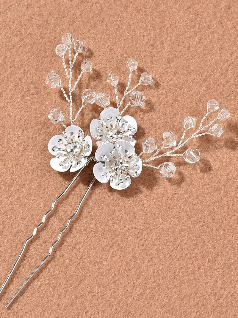 Metal White Flower Beaded 3 PC Hairpin Set, Floral Bridal Hair Pins, Flower Wire Wedding Hairpiece Set - KaleaBoutique.com