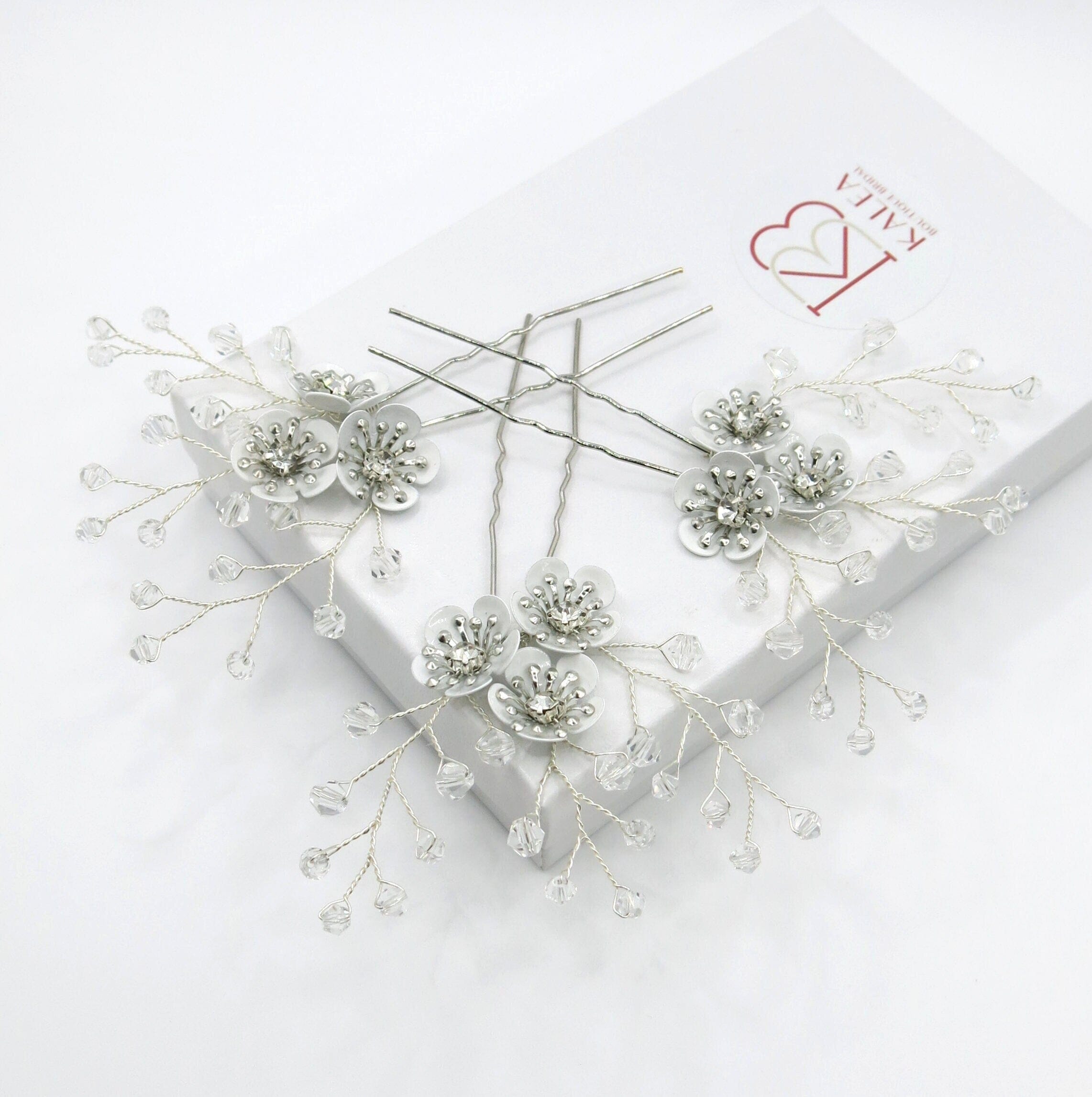 Metal White Flower Beaded 3 PC Hairpin Set, Floral Bridal 
