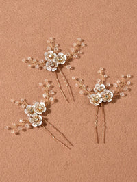 Metal White Flower Beaded 3 PC Hairpin Set, Floral Bridal Hair Pins, Flower Wire Wedding Hairpiece Set - KaleaBoutique.com