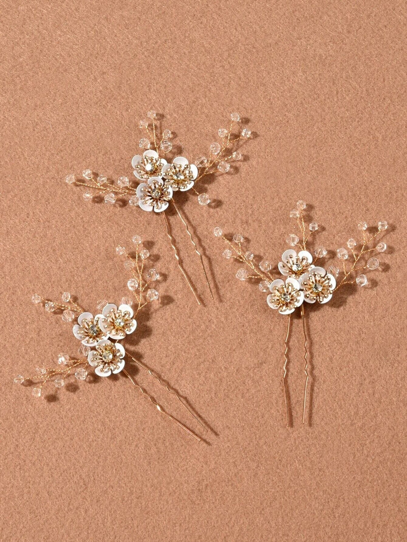 Metal White Flower Beaded 3 PC Hairpin Set, Floral Bridal Hair Pins, Flower Wire Wedding Hairpiece Set - KaleaBoutique.com