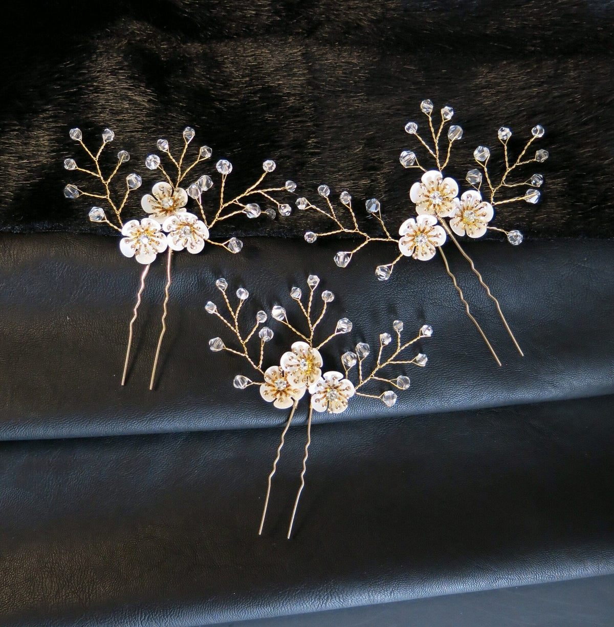 Metal White Flower Beaded 3 PC Hairpin Set, Floral Bridal Hair Pins, Flower Wire Wedding Hairpiece Set - KaleaBoutique.com