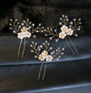 Metal White Flower Beaded 3 PC Hairpin Set, Floral Bridal Hair Pins, Flower Wire Wedding Hairpiece Set - KaleaBoutique.com