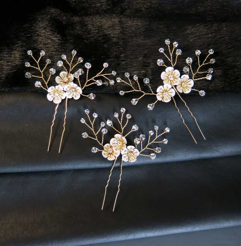 Metal White Flower Beaded 3 PC Hairpin Set, Floral Bridal Hair Pins, Flower Wire Wedding Hairpiece Set - KaleaBoutique.com