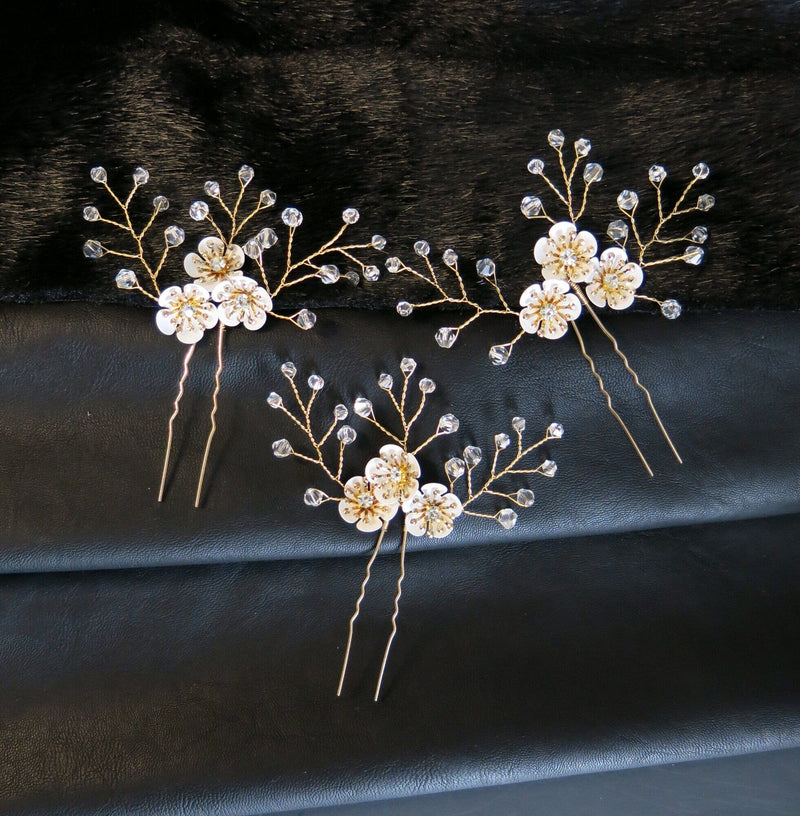 Metal White Flower Crystal Branches 3 PC Hairpin Set, White Floral Bridal Hair Pins, Silver or Gold Wire Flower Wedding Hairpiece Set - KaleaBoutique.com