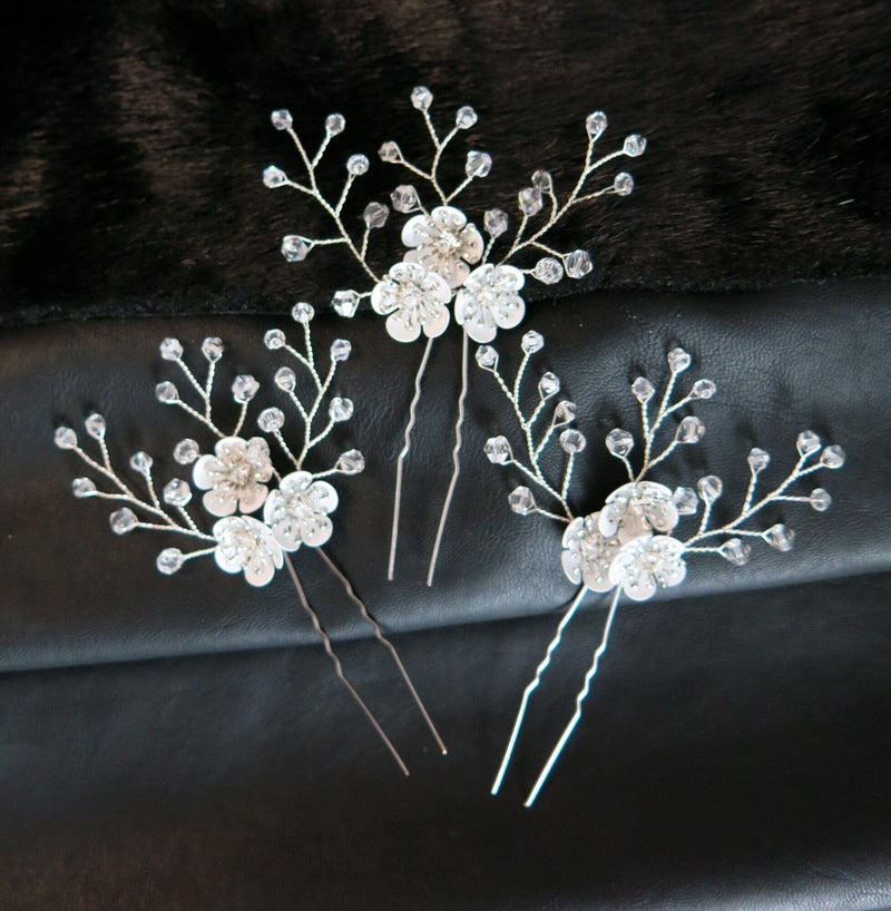 Metal White Flower Beaded 3 PC Hairpin Set, Floral Bridal Hair Pins, Flower Wire Wedding Hairpiece Set - KaleaBoutique.com