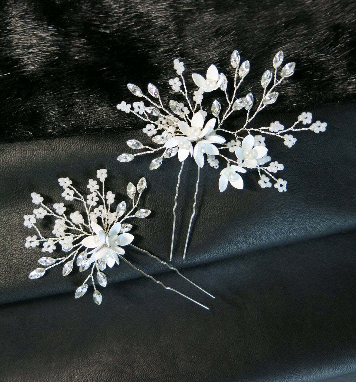 Metal White Flower 2 PC Hairpin Set, Wedding Rhinestone Crystal Large Floral Hair Pins for Brides - KaleaBoutique.com
