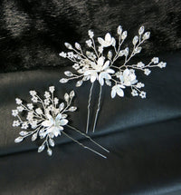 Metal White Flower 2 PC Hairpin Set, Wedding Rhinestone Crystal Large Floral Hair Pins for Brides - KaleaBoutique.com