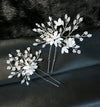 Metal White Flower Silver 2 PC Hairpin Set, Wedding Rhinestone Crystal Leaf Floral Hair Pins, Large Flower Hairpiece for Bride or Bridesmaid - KaleaBoutique.com