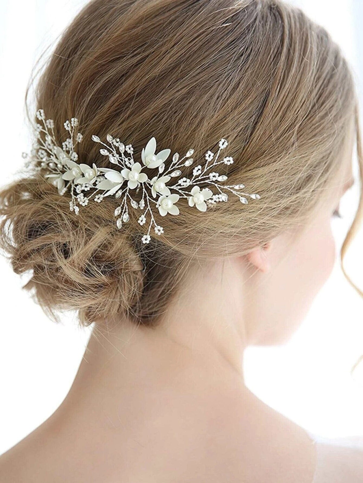 Metal White Flower 2 PC Hairpin Set, Wedding Rhinestone Crystal Large Floral Hair Pins for Brides - KaleaBoutique.com