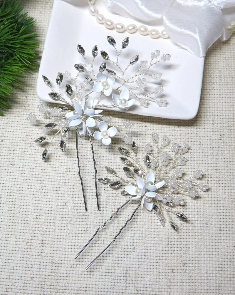 Metal White Flower Silver 2 PC Hairpin Set, Wedding Rhinestone Crystal Leaf Floral Hair Pins, Large Flower Hairpiece for Bride or Bridesmaid - KaleaBoutique.com