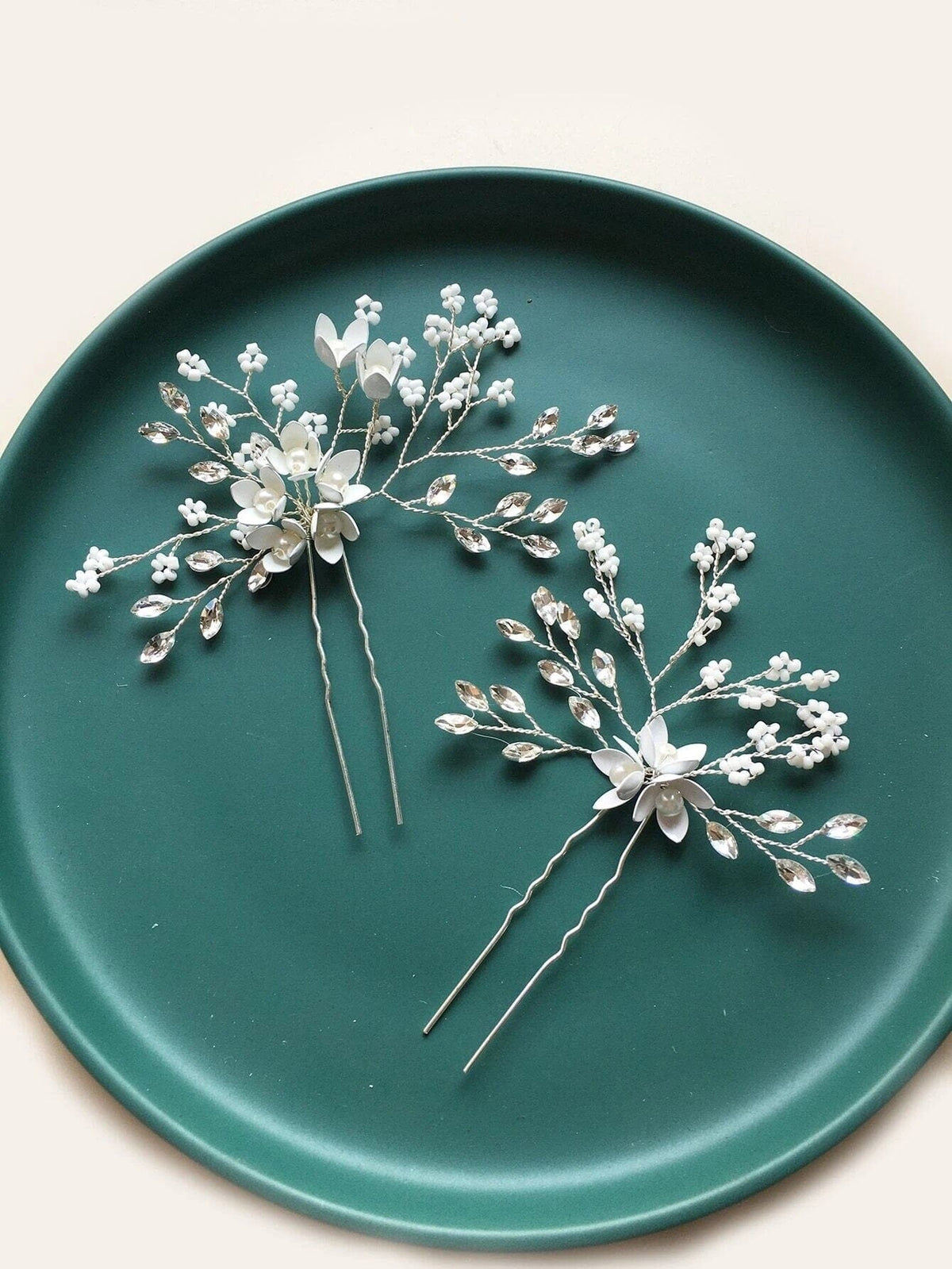 Metal White Flower 2 PC Hairpin Set, Wedding Rhinestone Crystal Large Floral Hair Pins for Brides - KaleaBoutique.com