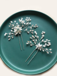 Metal White Flower 2 PC Hairpin Set, Wedding Rhinestone Crystal Large Floral Hair Pins for Brides - KaleaBoutique.com