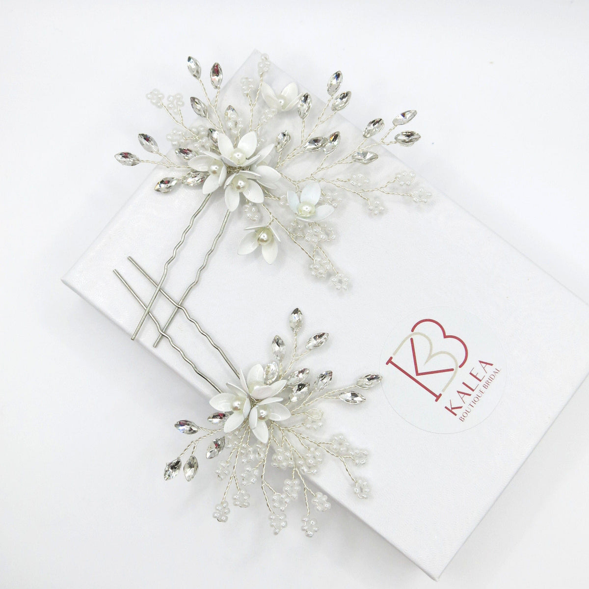 Metal White Flower 2 PC Hairpin Set, Wedding Rhinestone Crystal Large Floral Hair Pins for Brides - KaleaBoutique.com