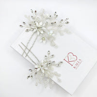 Metal White Flower 2 PC Hairpin Set, Wedding Rhinestone Crystal Large Floral Hair Pins for Brides - KaleaBoutique.com