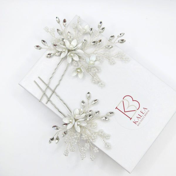 Metal White Flower 2 PC Hairpin Set, Wedding Rhinestone Crystal Large Floral Hair Pins for Brides - KaleaBoutique.com