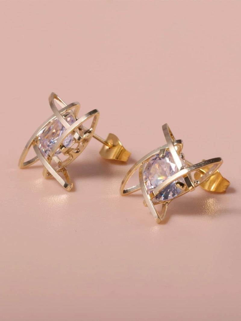 Minimalist Solitaire Crystal Stud Earrings, CZ Diamond Gemstone Studs, Wedding Bridal or Bridesmaid 6 MM 14K Gold Plated Gem Studs - KaleaBoutique.com