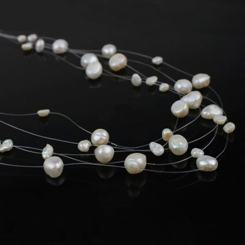 Multi Strand Genuine Floating Pearl Necklace, Bridal Minimalist Wedding Natural Pearl Necklace - KaleaBoutique.com