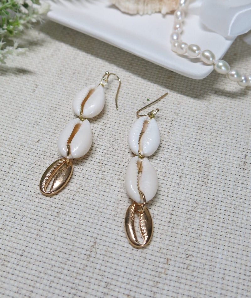 Natural Cowrie Seashell Earrings, Tropical Getaway Boho Shell Jewelry, Bridal Gold Wire Tassel Earrings, Dangle Sea Shell Beach Earrings - KaleaBoutique.com