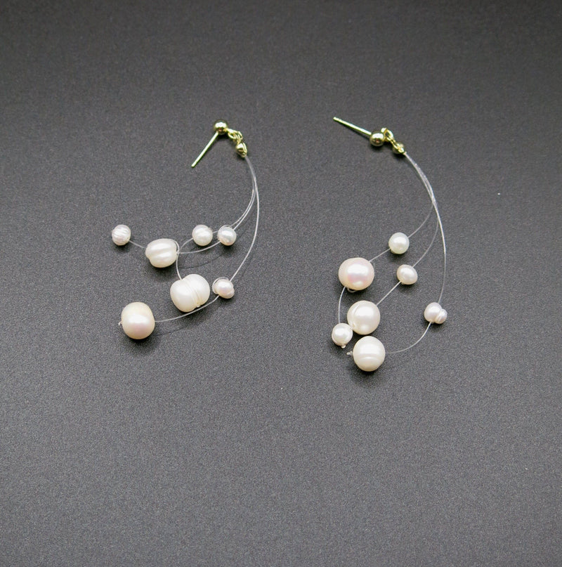 Natural Freshwater Baroque Pearl Earrings, Floating Multi Strand Pearl Studs, Bridal Dangle Pearl Earrings - KaleaBoutique.com