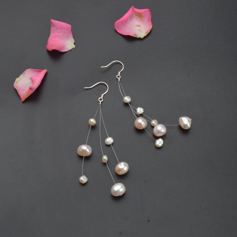 Natural Freshwater Baroque Pearl Earrings, Floating Multi Strand Pearl Studs, Bridal Dangle Pearl Earrings - KaleaBoutique.com