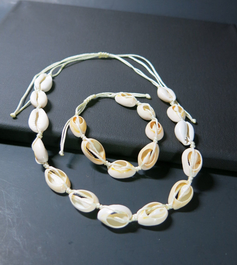 Natural Seashell Rope Necklace and Bracelet 2 PC Set, Beach Necklace Cowrie Boho Jewelry Set - KaleaBoutique.com