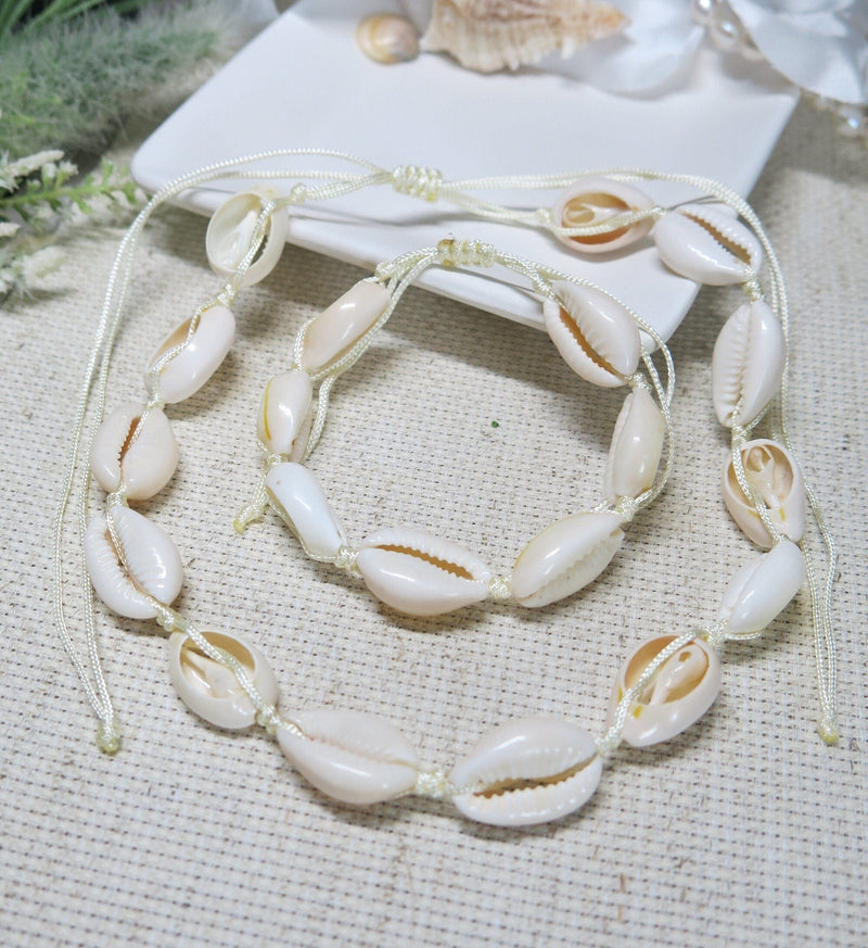 Natural Seashell Rope Necklace and Bracelet 2 PC Set, Beach Necklace Cowrie Boho Jewelry Set - KaleaBoutique.com