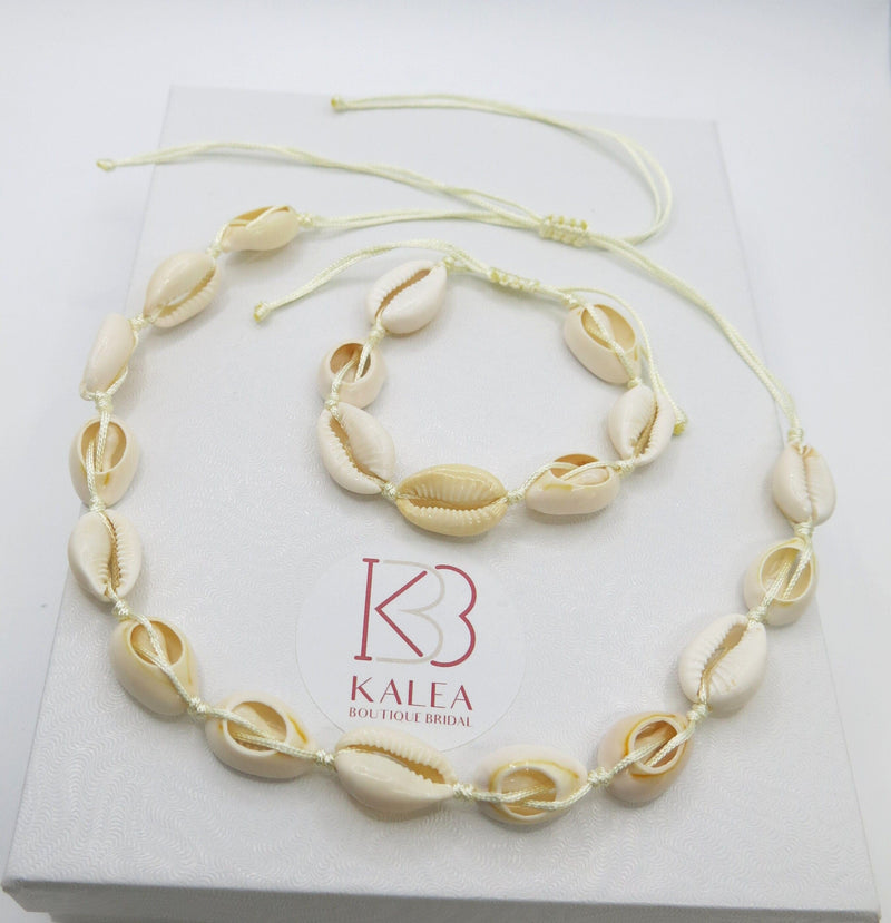 Natural Seashell Rope Necklace and Bracelet 2 PC Set, Beach Necklace Cowrie Boho Jewelry Set - KaleaBoutique.com