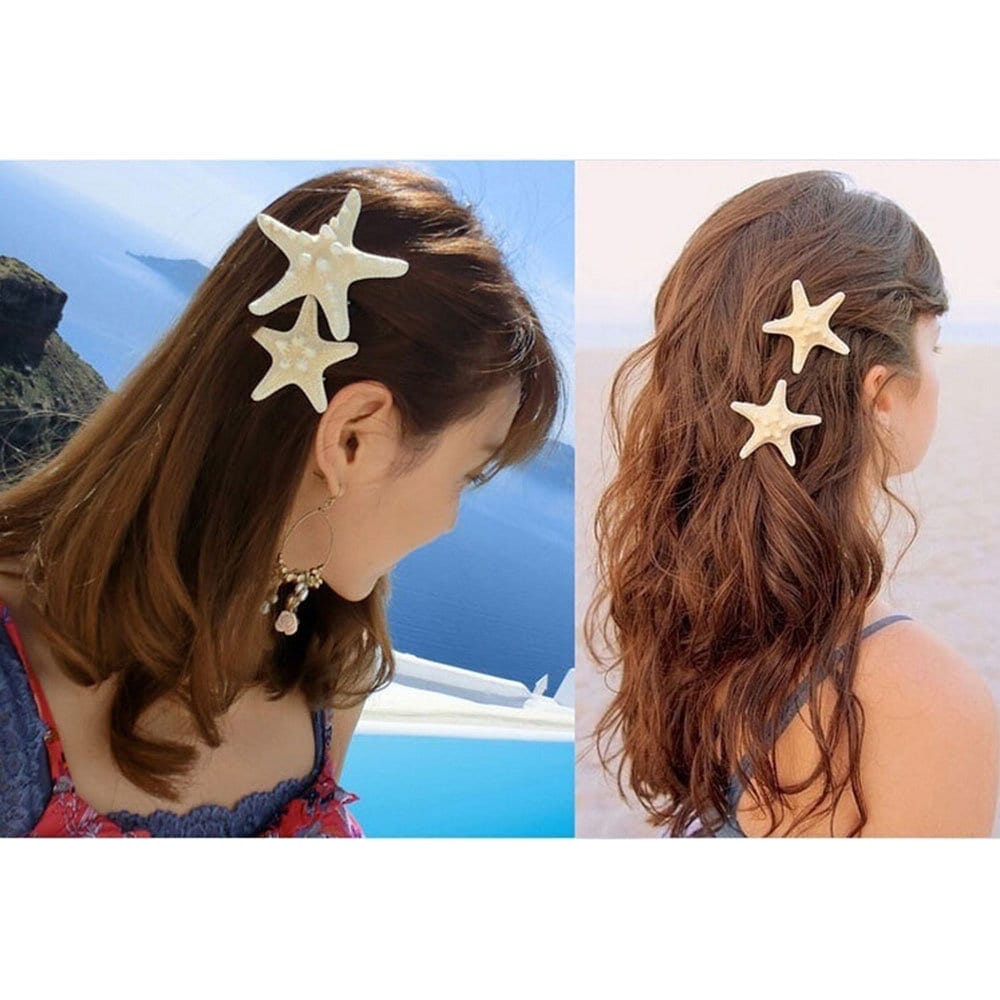 Natural Starfish 2 PC Alligator Hairclip Set, Tropical Wedding Starfish Hairpiece, Hawaii Seashell Star Hairclips, Mermaid Cosplay Headpiece - KaleaBoutique.com