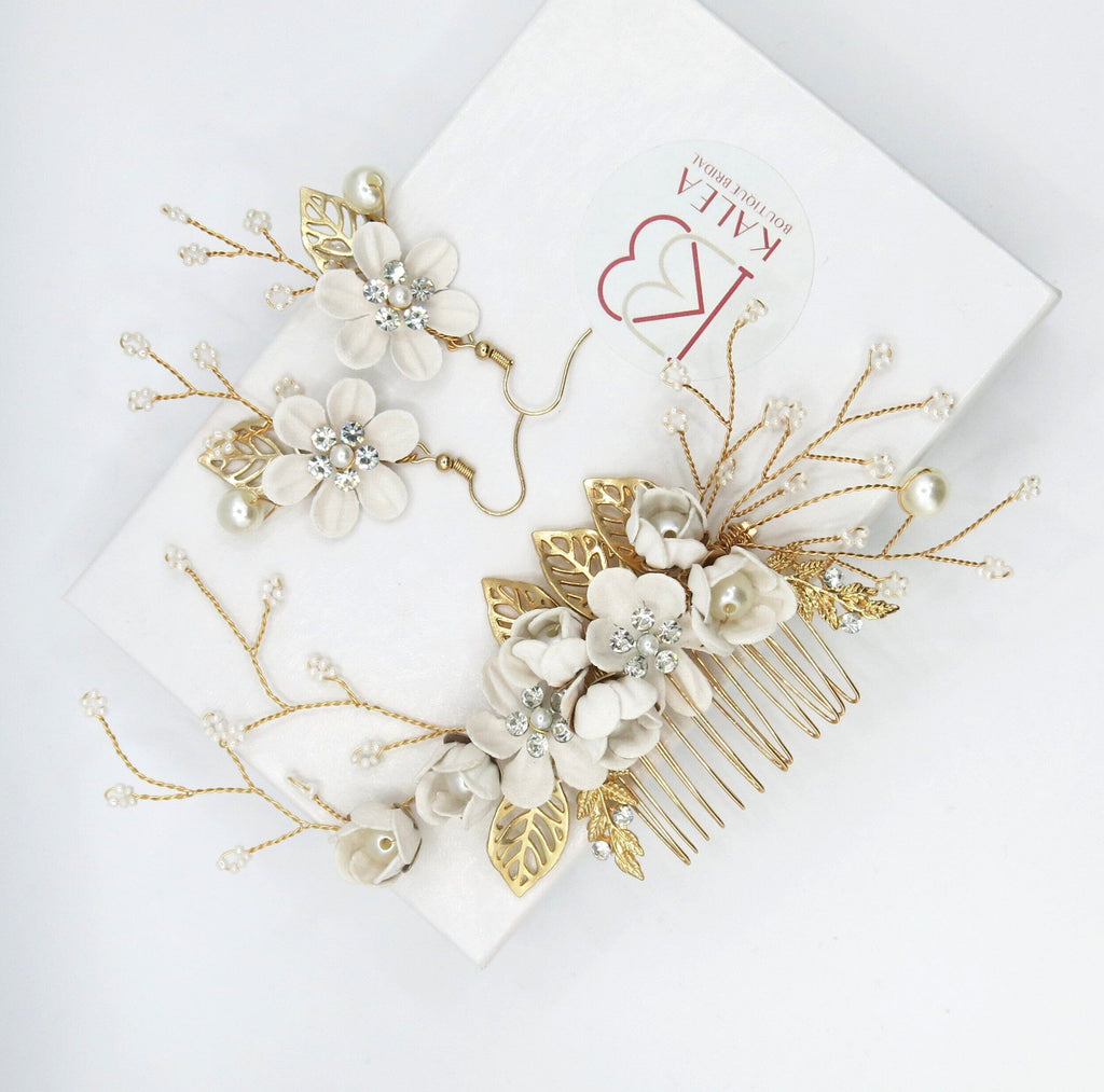 Off White Velvet Flower Hair Comb, Bridal Ivory Hair Comb and Earrings 3 PC Set, Wedding Floral Hairpin Set, Antique White Bridal Headpiece - KaleaBoutique.com